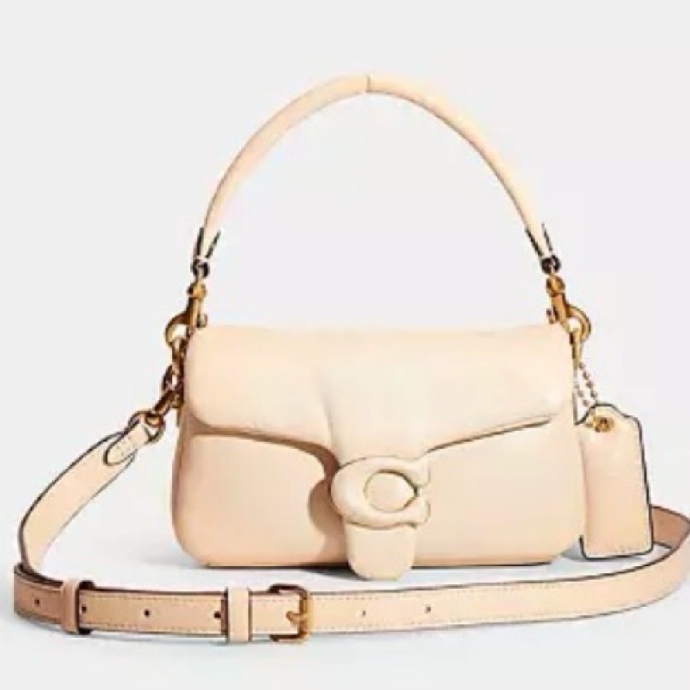 Coach Pillow Tabby 18 in Beige Leather crossbody 2 way bag with 2 straps EUC
